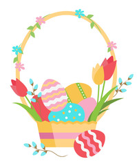 Easter basket with eggs, flowers, and verba, vector illustration. Happy Easter!