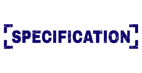 SPECIFICATION caption seal print with grunge texture. Text caption is placed inside corners. Blue vector rubber print of SPECIFICATION with unclean texture.