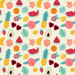 Summer design elements tropical leaves, flowers, fruits. Vector seamless pattern wallpaper