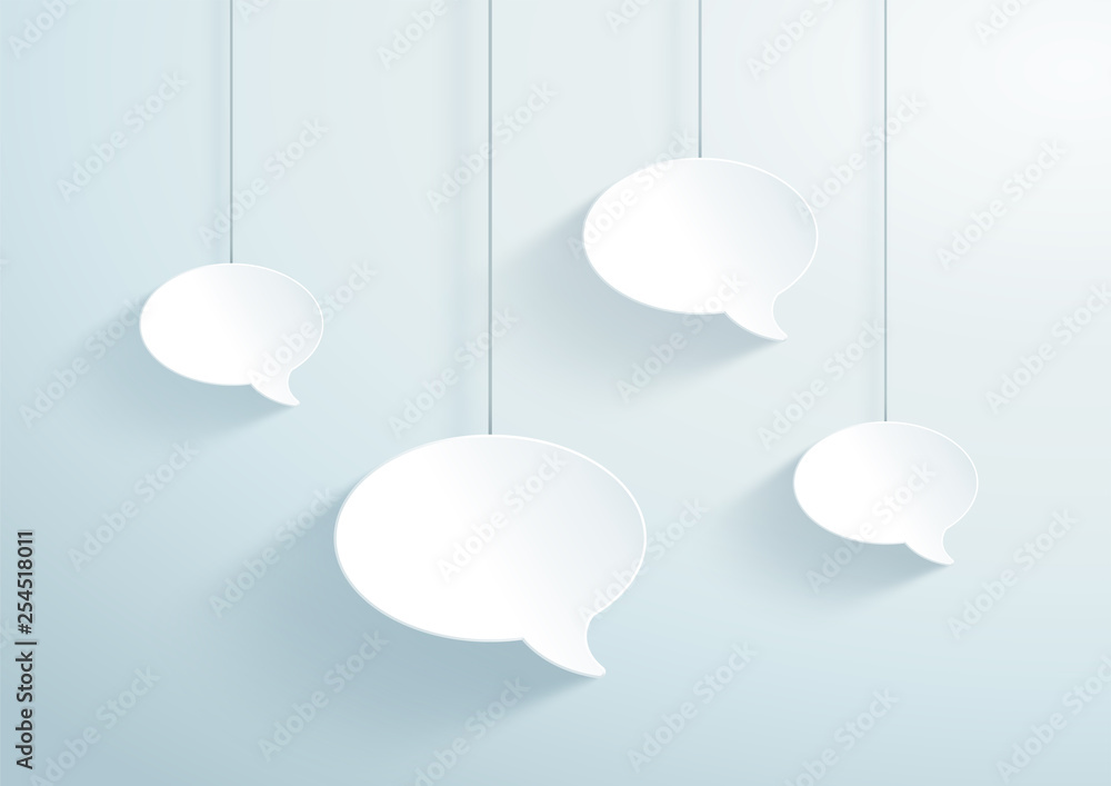 Poster speech bubbles hanging on strings 3d white vector