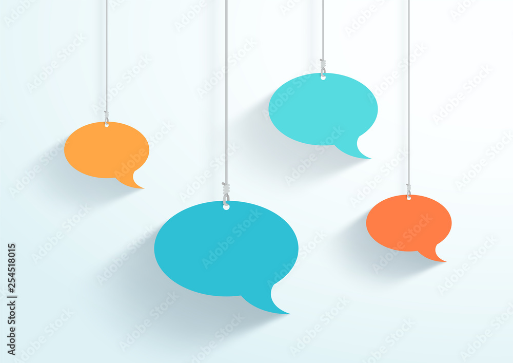 Poster speech bubbles hanging on strings flat color vector