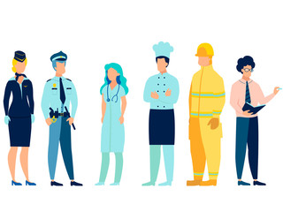 People of different professions. Doctor, fireman, teacher, stewardess, cook and policeman in uniform. In minimalist style. Cartoon flat Vector