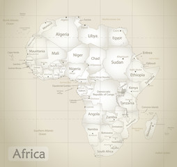 Africa map ancient, new political detailed map, separate individual states, with state city and sea names, old paper background vector