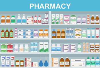 Pharmacy shelves with medicines. Concept of pharmaceutics and medication. Flat style vector illustration.