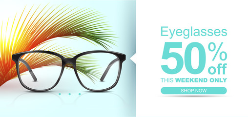Eyeglasses banner concept with palm leaves. Summer discount banner.