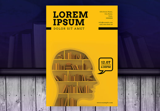 Yellow Poster Layout with Bookshelf Photo Element