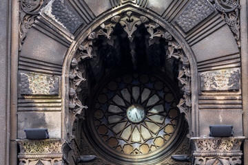 Fototapeta premium The facade decorations of the House of the actor, the former Karaite kenasa architect Vladislav Horodetsky 1902 built in the Moorish style on st.Yaroslaviv Val Kyiv, Ukraine Mar. 6, 2019