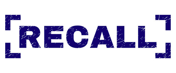 RECALL text seal print with distress texture. Text tag is placed between corners. Blue vector rubber print of RECALL with dirty texture.