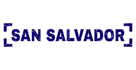 SAN SALVADOR text seal print with distress texture. Text title is placed between corners. Blue vector rubber print of SAN SALVADOR with corroded texture.