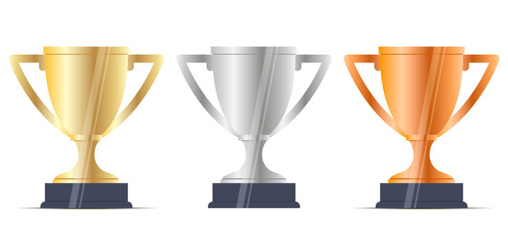 Winner Cup Reward Set. Gold, Silver, Bronze Trophy Award for Achieve Champ Place. Victory on Success Leadership Game Contest. Simple Web Site Ui Elements. Sport Prize. Flat Illustration.