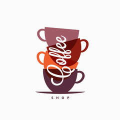 Coffee cup logo. Coffee mugs color banner on white