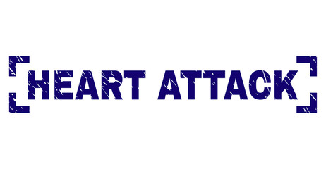 HEART ATTACK text seal print with grunge texture. Text tag is placed inside corners. Blue vector rubber print of HEART ATTACK with dirty texture.