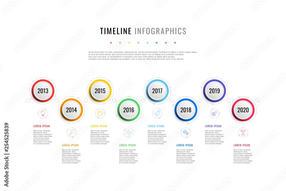 Aufkleber horizontal business timeline with 8 round elements, year indication and text boxes on white backgrou