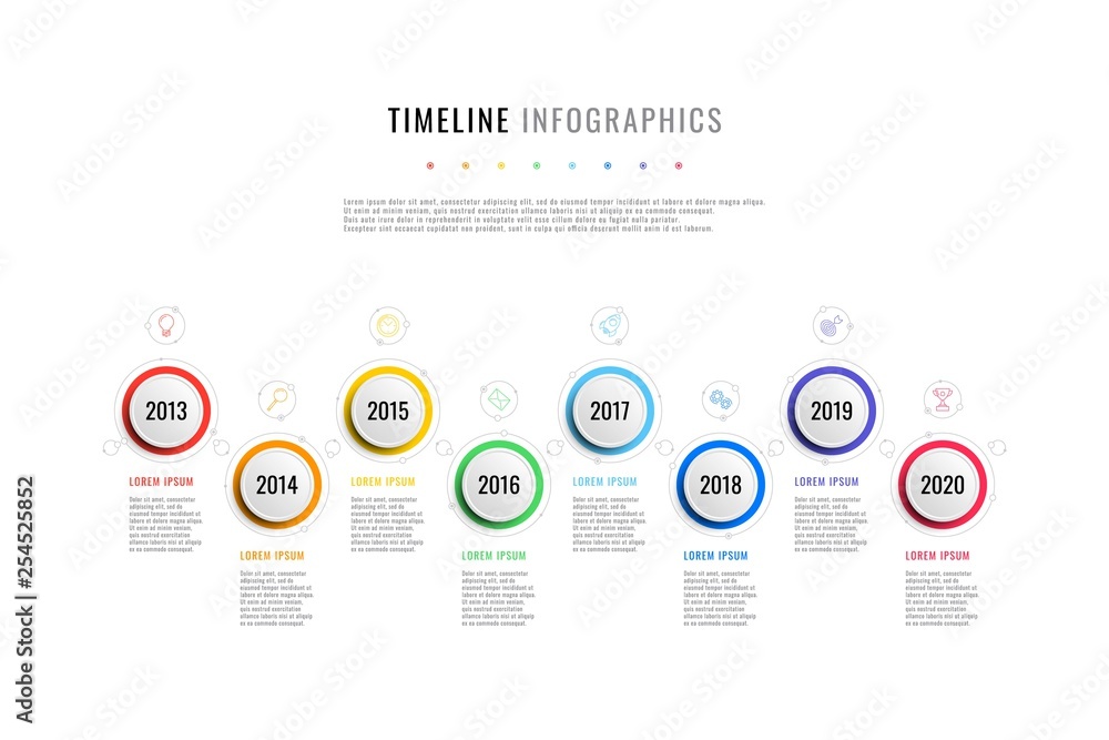Aufkleber horizontal business timeline with 8 round elements, year indication and text boxes on white backgrou
