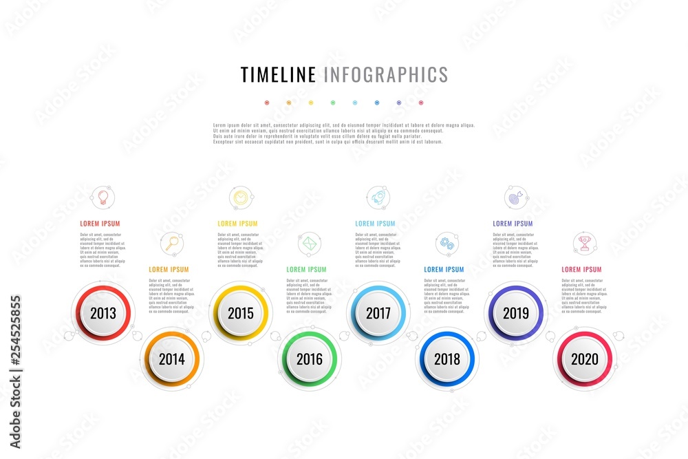 Poster horizontal business timeline with 8 round elements, year indication and text boxes on white backgrou