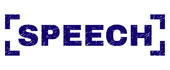SPEECH caption seal print with distress texture. Text caption is placed between corners. Blue vector rubber print of SPEECH with dirty texture.