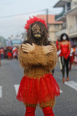 Gorille en jupe rouge la mardi gras du carnaval de Cayenne en Guyane française