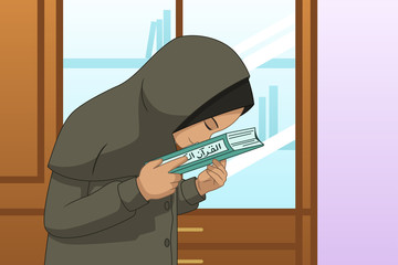 Muslim Girl Praying and Kissing Quran