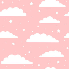 Cute seamless vector pattern. Clouds and stars on pink background