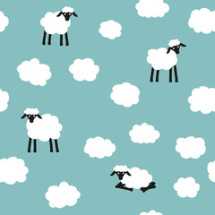 Cute seamless vector pattern. Clouds and sheeps on blue background