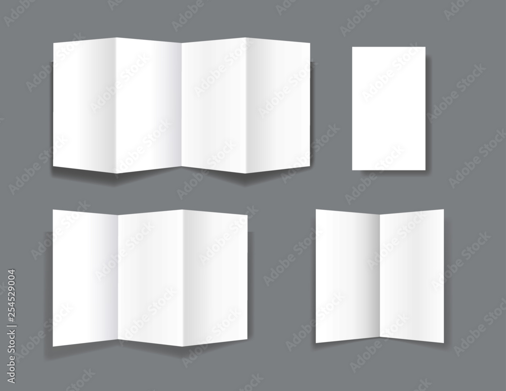Poster set of realistic bifold paper brochures on grey background with soft shadows. white booklet template
