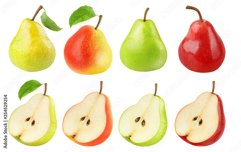 Poster isolated pears collection. fresh pears of different colors, whole fruits and halves isolated on whit