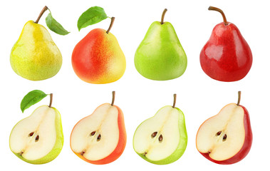 Isolated pears collection. Fresh pears of different colors, whole fruits and halves isolated on white background with clipping path