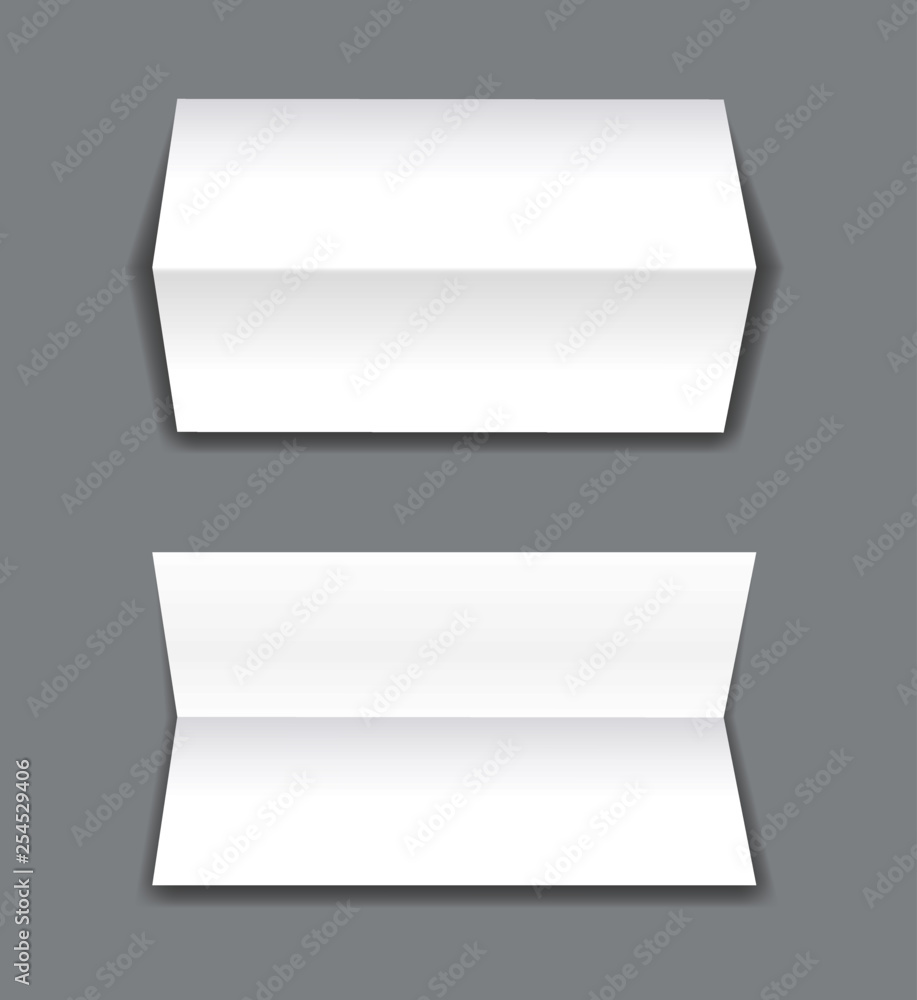 Poster set of realistic bifold paper brochures on grey background with soft shadows. white horizontal bookl