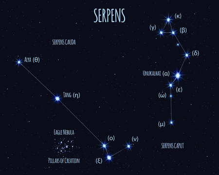 Serpens (The Snake) constellation, vector illustration with the names of basic stars against the starry sky
