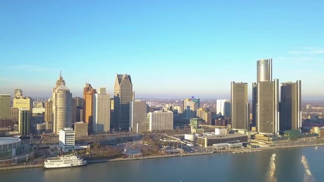 223 Detroit aerial skyline river park golden hour