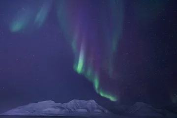 Fototapeten The polar arctic Northern lights aurora borealis sky star in Norway travel Svalbard in Longyearbyen city the moon mountains © bublik_polina
