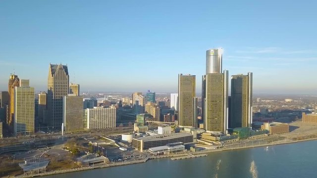 224 Detroit aerial revealing river park golden hour