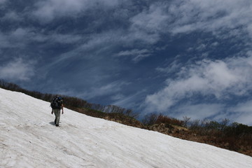 白山　山頂への道　青空と雲と雪と