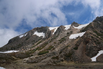 白山剣ヶ峰　御前峰　青空と雲と雪と　