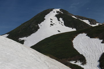 白山　山頂への道　青空と雲と雪と　