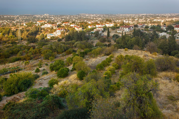 Fototapeta na wymiar Aerial view of the Mediterranean coast near Kyrenia (Girne) from village of Bellapais in Northern Cyprus.