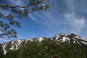白山　山頂への道　青空と雲と雪と　
