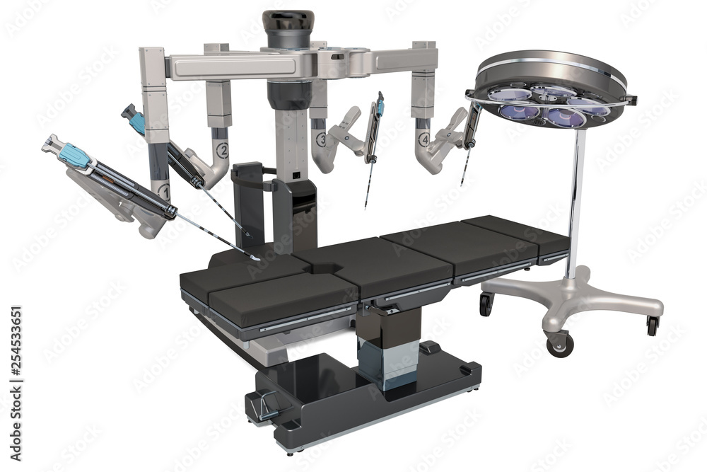 Poster robotic surgical system with surgical light and operating table, 3d rendering