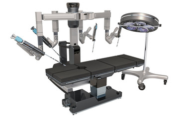 Robotic surgical system with surgical light and operating table, 3D rendering