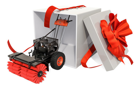 Snow blower with bow and ribbon, gift concept. 3D rendering