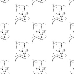 Seamless pattern. One continuous line drawing of cat. Minimalistic portrait of cat. Graphic hand drawn art.