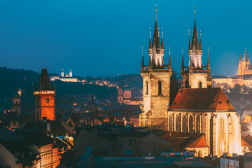 Night cityscape of Prague, Czech Republic. Old town hall, Church Of Our Lady Before Tyn