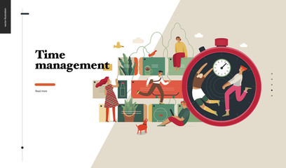Technology 2 -Time management - modern flat vector concept digital illustration of time management metaphor, a stopwatch, timeline and people in workflow. Creative landing web page design template
