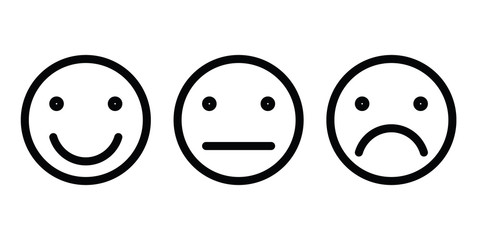 Basic emoticons set. Three facial expression of feedback - positive, neutral and negative. Simple black outline vector icons