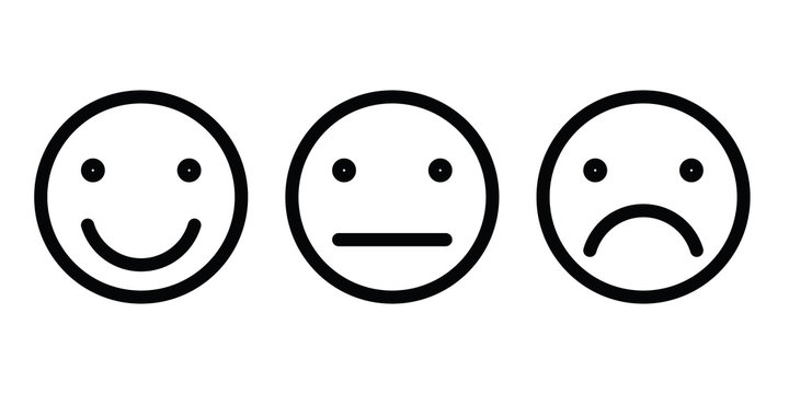 Basic emoticons set. Three facial expression of feedback - positive, neutral and negative. Simple black outline vector icons