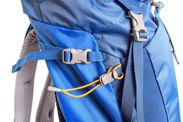 Details and fasteners straps on a Hiking backpack, Studio shot