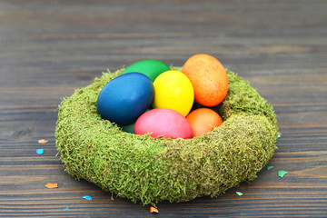 Colorful Easter eggs in the nest