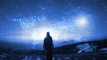 Businesswoman stands on top of the mountain with sunny sky and artistic digital cyberspace network background. - Powered by Adobe