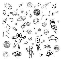 Set of space objects. Vector hand drawn illustration