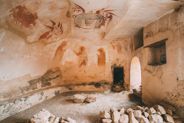 Ancient Frescoes In Walls Of Caves Of David Gareja Monastery Complex. Davit Gareji Monastery Is...